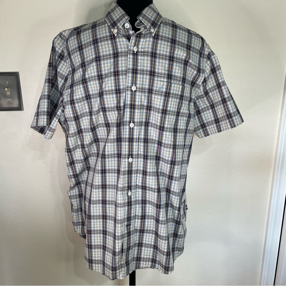 NAUTICA MENS Button Down Stripped Casual Short Sleeve‎ Cotton Blend Shirt sz M